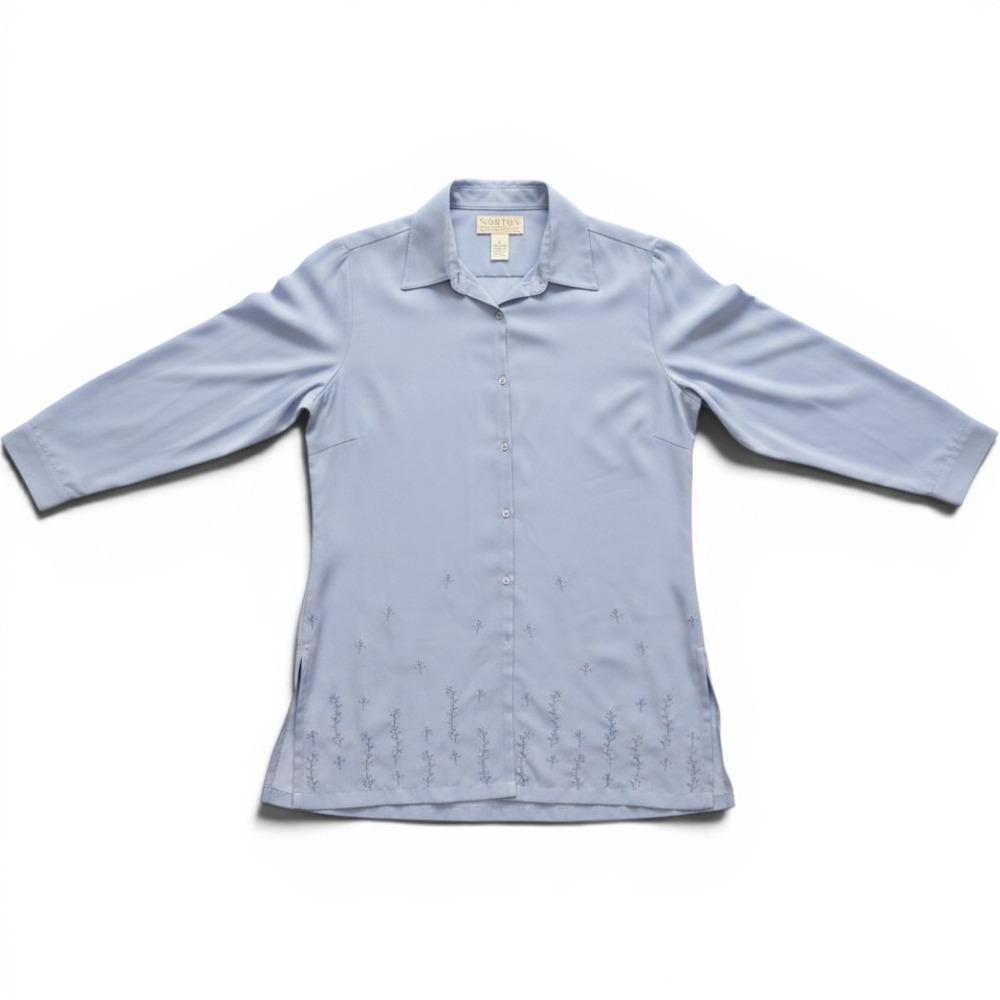 Norton McNaughton Button Up Shirt L Periwinkle Embroidered Floral Vintage 90s‎